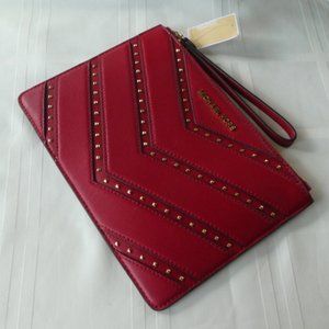 MICHAEL KORS Large Leather Wristlet Clutch Pouch Studs Scarlet Red